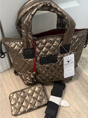 HeartLove by Charo Quilted Bronze Tote Bag w/ Strap & Pouch – NWT ✨